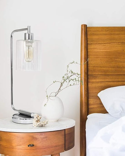 Simple Designs LD1036-CHR Bronson Antique Style Industrial Iron Lantern Desk Bedside Glass Shade Table Lamp, Chrome - LeafyLoom