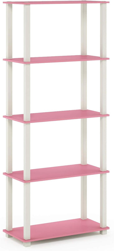 Furinno Turn-N-Tube 5-Tier Multipurpose Shelf / Display Rack / Storage Shelf / Bookshelf, Square Tubes, Pink/White - LeafyLoom