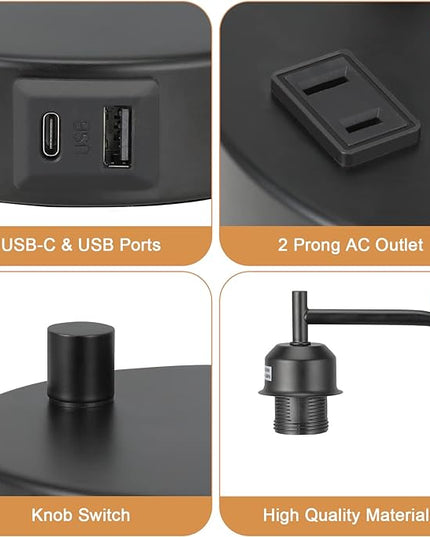 Industrial Bedside Table Lamp for Bedroom - Nightstand Lamps with USB C Charging Port, Fully Dimmable Black Ports and Outlets, Small Desk Glass Shade Office Living Room - LeafyLoom