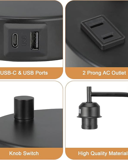 Industrial Bedside Desk Lamps for Bedroom - Grey Smoked Glass Shade Table Lamp with USB C Port, Fully Dimmable Small Lamps with USB Port and Outlet, Reading Nightstand Lamps for Office Living Room - LeafyLoom