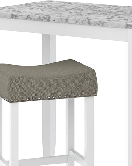 Nathan James Viktor 3 Piece Dining Set, Heigh Kitchen Counter Pub or Breakfast Table with Marble Top and Fabric Wood Base Seat, Light Gray/White - LeafyLoom