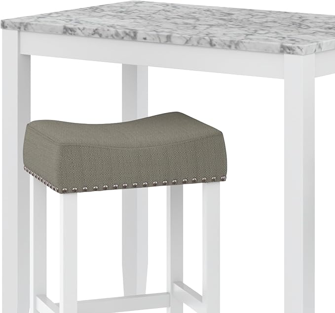 Nathan James Viktor 3 Piece Dining Set, Heigh Kitchen Counter Pub or Breakfast Table with Marble Top and Fabric Wood Base Seat, Light Gray/White - LeafyLoom