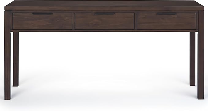 SIMPLIHOME Hollander SOLID WOOD 60 inch Wide Wide Console Sofa Entryway Table in Warm Walnut Brown with Storage, 3 Drawers , for the Living Room, Entryway and Bedroom - LeafyLoom