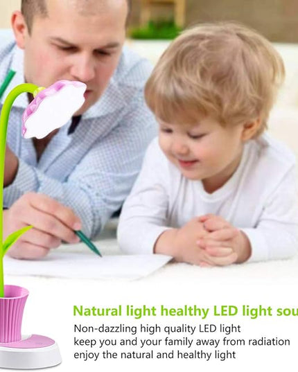 Desk Lamp for Kids Sunflower LED Charging Table Lamp Support Eye Protection Small Desk Folding for Reading,Study and Office, Adjustable Brightness - Pink - LeafyLoom