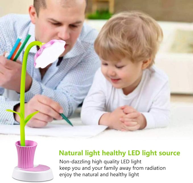 Desk Lamp for Kids Sunflower LED Charging Table Lamp Support Eye Protection Small Desk Folding for Reading,Study and Office, Adjustable Brightness - Pink - LeafyLoom