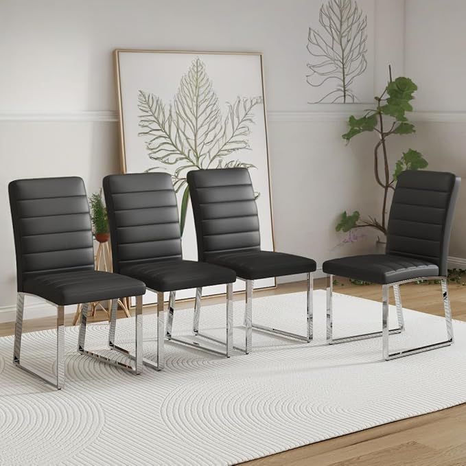NicBex Dining Chairs Set of 4 Modern Faux Leather High Back Dining Room Kitchen Chairs with Silver Metal Legs,Chairs for Dining Room, Kitchen,Living Room, and Restaurants,Black - LeafyLoom