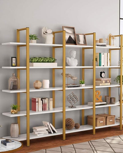 Tribesigns 5-Tier Bookshelf, Vintage Industrial Style Bookcase 70 ‘’ H x 12’’ W x 47’’L, Gold - LeafyLoom