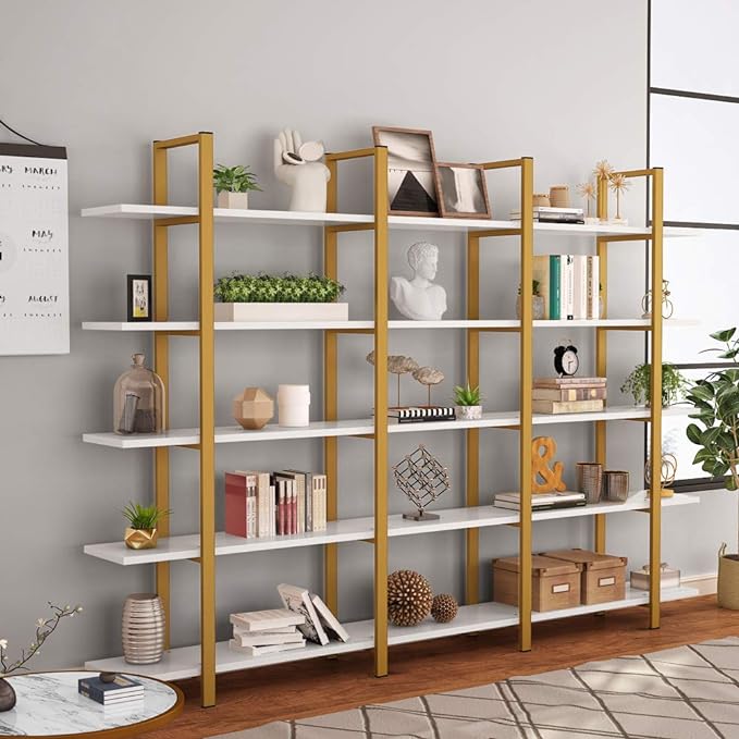 Tribesigns 5-Tier Bookshelf, Vintage Industrial Style Bookcase 70 ‘’ H x 12’’ W x 47’’L, Gold - LeafyLoom