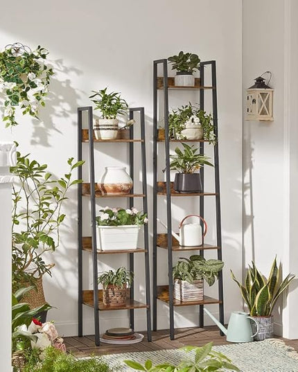 VASAGLE Bookshelf, 4-Tier Narrow Bookcase, Ladder Shelf for Home Office, Living Room, Bedroom, Kitchen, Rustic Brown and Ink Black ULLS108B01 - LeafyLoom
