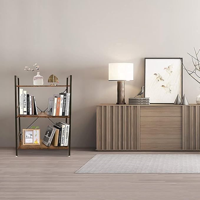 TooCust 3 Tier Bookshelf, 37" x 23" x 12.6", 3 Tier Bookcase, 3 Shelf Bookshelf, Vintage Standing Metal Frame Book Shelves, Small Bookshelf, Rustic Brown - LeafyLoom