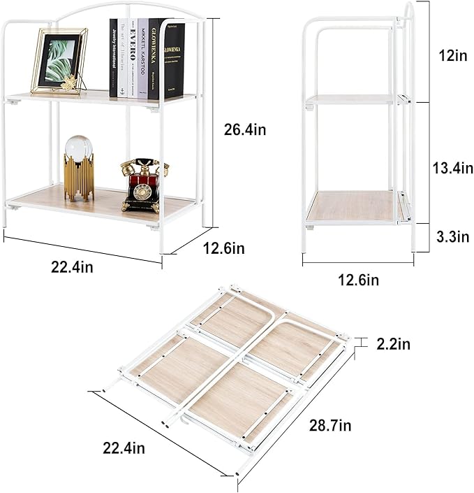 No Assembly Folding Bookshelf for Living Room, 2 Tier White Collapsible Book Shelf for Home Office, Portable Bookcase Storage Organizer - LeafyLoom