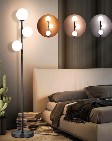 3 Globe Mid Century Modern Floor Lamp for Living Room Decor, Tall Standing Dimmable LED Light for Bedroom Office, Full Range Dimming, Adjustable Color Temperature 3000K-6000K, ETL Listed - Matte Black - LeafyLoom