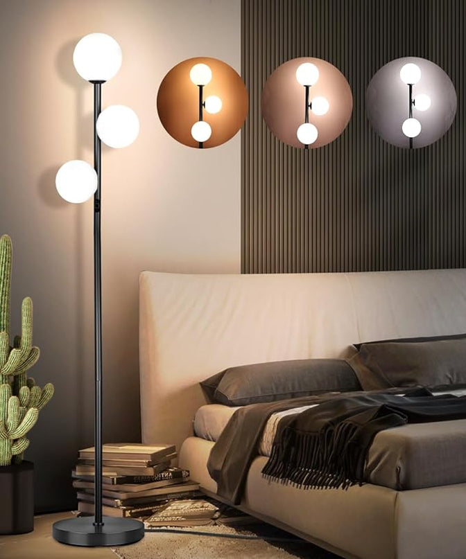 3 Globe Mid Century Modern Floor Lamp for Living Room Decor, Tall Standing Dimmable LED Light for Bedroom Office, Full Range Dimming, Adjustable Color Temperature 3000K-6000K, ETL Listed - Matte Black - LeafyLoom
