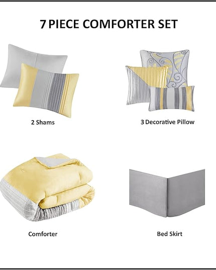 Madison Park Amherst Faux Silk Comforter Set-Casual Contemporary Design All Season Down Alternative Bedding, Matching Shams, Bedskirt, Decorative Pillows, King(104"x92"), Yellow, 7 Piece (MP10-2449) - LeafyLoom
