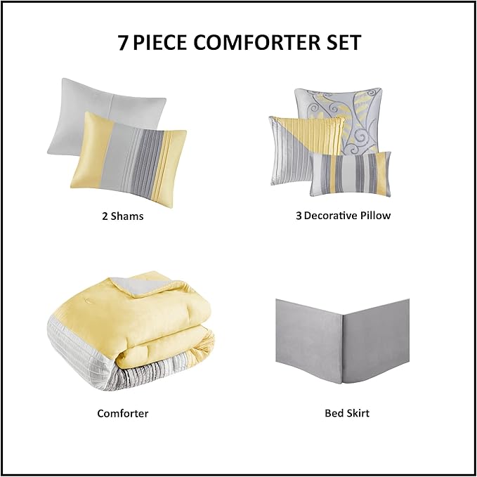 Madison Park Amherst Faux Silk Comforter Set-Casual Contemporary Design All Season Down Alternative Bedding,Matching Shams, Bedskirt,Decorative Pillows,Cal King(104'x92'),Yellow,7 Piece (MP10-2450) - LeafyLoom