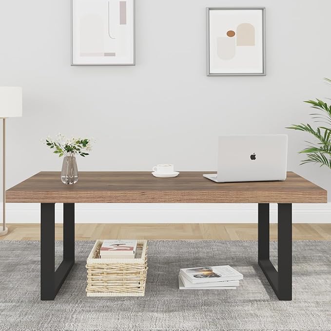IBF Farmhouse Coffee Table, Modern Minimalist Wood Coffee Table for Living Room, Simple Industrial Rectangle Center Table, Wood and Metal Tea Coffee Table for Home Bedroom Office, Rustic Oak, 47 inch - LeafyLoom