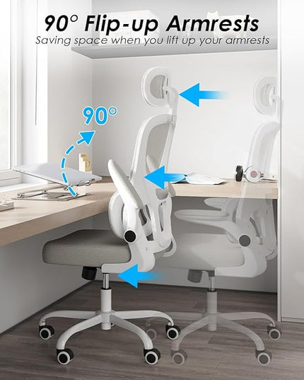 Soohow Ergonomic Home Office Chair, Mesh Desk Chair with Lumbar Support, Comfy Computer Desk Chair with Flip Armrest Rolling Wheels, Adjustable Headrest, Khaki. - LeafyLoom