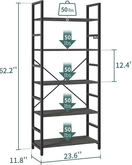 Yoobure 5 Tier Bookshelf - Tall Book Shelf Modern Bookcase for CDs/Movies/Books, Rustic Book Case Industrial Bookshelves Book Storage Organizer for Bedroom Home Office Living Room Grey - LeafyLoom