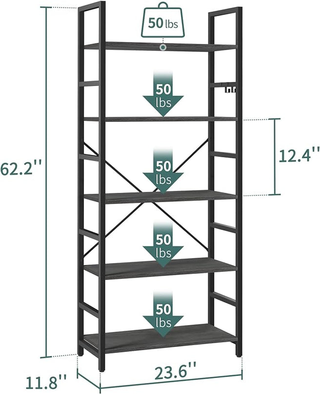 Yoobure 5 Tier Bookshelf - Tall Book Shelf Modern Bookcase for CDs/Movies/Books, Rustic Book Case Industrial Bookshelves Book Storage Organizer for Bedroom Home Office Living Room Grey - LeafyLoom