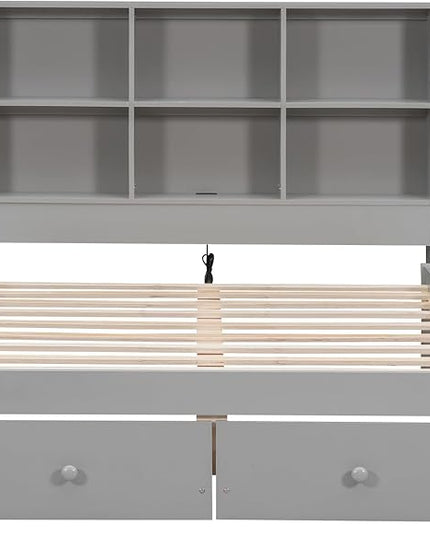Full Size Platform Bed with Storage Headboard Bookcase, 2 Drawers Underneath and Charging Station, for Bedroom/Guest Room, Gray - LeafyLoom