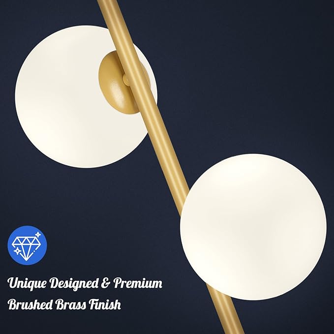 Mid Century Modern 2 Frosted Glass Globe Floor Lamp for Living Room,Contemporary LED Standing Light, Gold Corner Pole Office Bedroom, Study Room, Hotel, Antique Brass Lighting - LeafyLoom