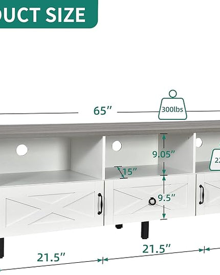 YITAHOME Mid-Century Modern TV Stand for 70/65/60/55 inch, Boho Wood TV Table Farmhouse Media Console with Storage Cabinet and Open Shelves for Living Room, Bedroom, 65 inch, White/Grey - LeafyLoom