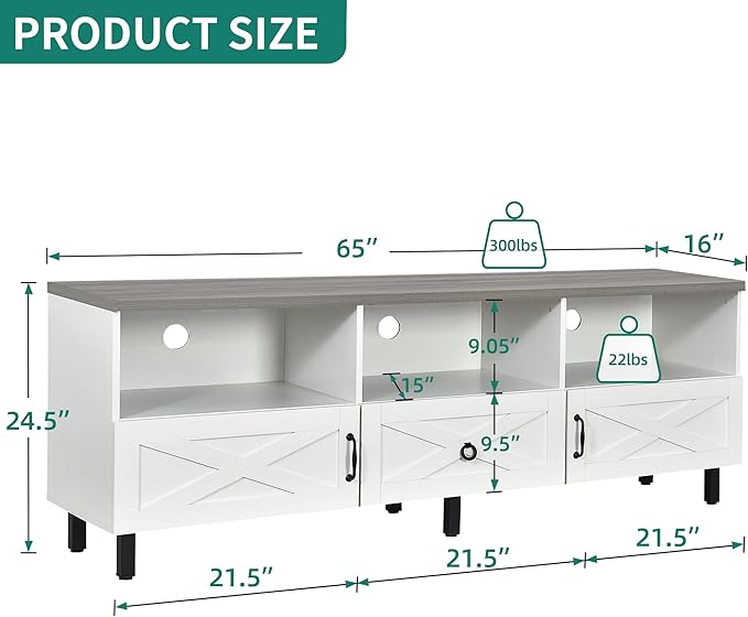 YITAHOME Mid-Century Modern TV Stand for 70/65/60/55 inch, Boho Wood TV Table Farmhouse Media Console with Storage Cabinet and Open Shelves for Living Room, Bedroom, 65 inch, White/Grey - LeafyLoom