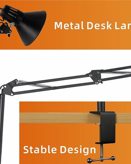 Desk Lamp for Home Office Eye-Caring Metal Extra Long Swing Arm Stable Clamp Flexible Gooseneck A19 E26 Bulb included as Table Working Reading Aesthetic Computer Versatile Light - LeafyLoom
