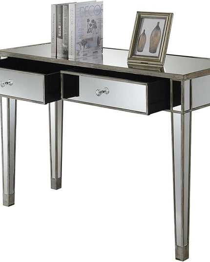 Convenience Concepts Gold Coast Mirrored Desk 42" - Console Table with 2 Drawers for Storage in Living Room, Office, Weathered White/Mirror - LeafyLoom