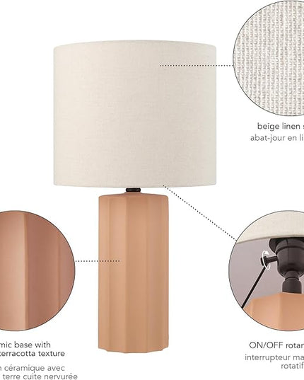 Globe Electric 61000062 20" Ribbed Ceramic Table Lamp, Matte Terracotta Finish, White Linen Shade, On/Off Rotary Switch on Socket, for Living Room, Bedroom, Office, Home Décor - LeafyLoom