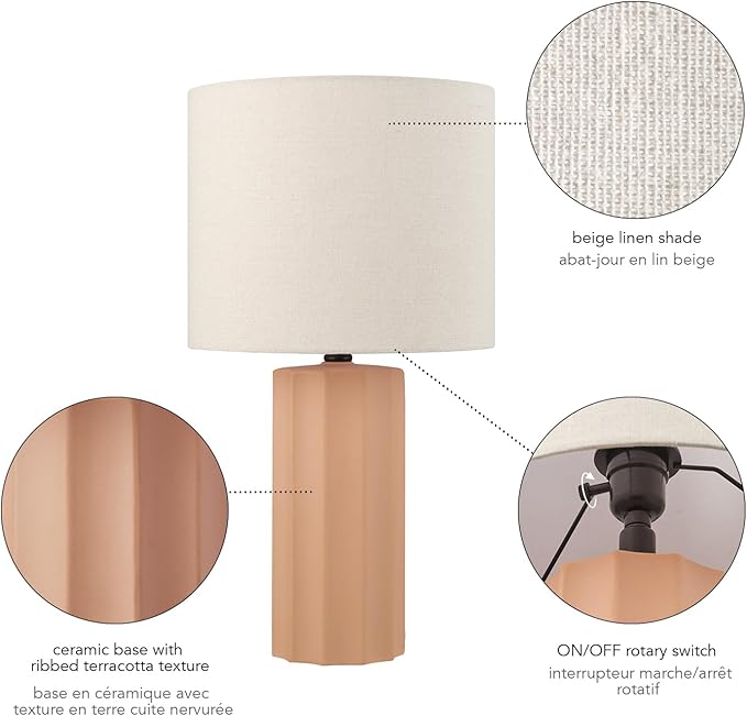Globe Electric 61000062 20" Ribbed Ceramic Table Lamp, Matte Terracotta Finish, White Linen Shade, On/Off Rotary Switch on Socket, for Living Room, Bedroom, Office, Home Décor - LeafyLoom