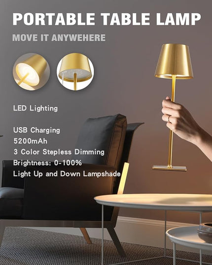 2 Pack Cordless Table lamp, 5200mAh Battery Operated Lamp,3 Color Stepless Dimming Desk Lamp,IP54 Waterproof Outdoor Table Lamps for Restaurant/Bedroom/Bars/Camping/Cafe Night Light (Gold-2) - LeafyLoom