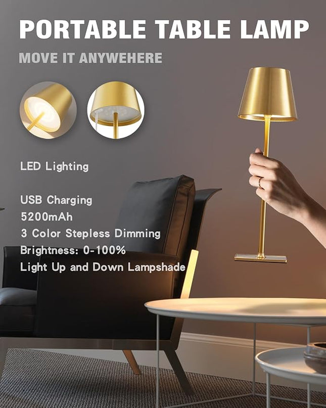 2 Pack Cordless Table lamp, 5200mAh Battery Operated Lamp,3 Color Stepless Dimming Desk Lamp,IP54 Waterproof Outdoor Table Lamps for Restaurant/Bedroom/Bars/Camping/Cafe Night Light (Gold-2) - LeafyLoom