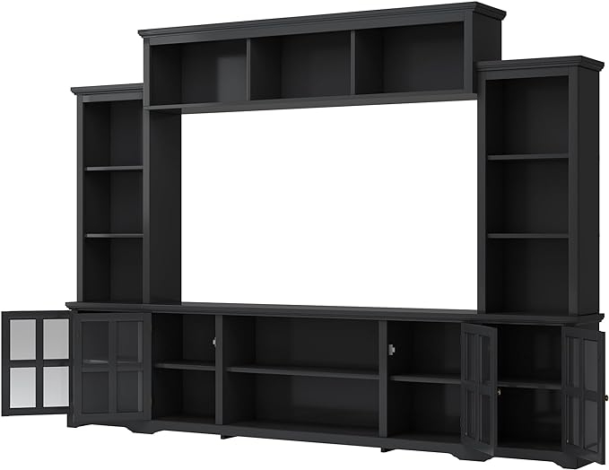Merax Multifunctional TV Stand with Tempered Glass Door, Minimalism Style Entertainment Wall Unit with Bridge Modern Console Table for Televisions Up to 70”, 104.3 inch Length, Black - LeafyLoom