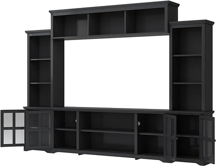 Entertainment Wall Unit with Bridge, Stand Media Console Table for TVs Up to 70" with Tempered Glass Door, Ample Storage Space for Living Room, 104 Inch, Black - LeafyLoom