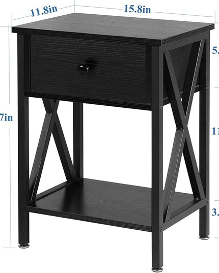 VECELO Night Stands for Bedroom Rustic Bedside End Tables with Drawer Storage, Nightstand (Set of 2), Black(Set of 2) - LeafyLoom