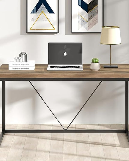 FOLUBAN Modern Computer Desk, Rustic Wood and Metal Writing Desk, Vintage PC Table for Home Office, Oak 55 inch - LeafyLoom