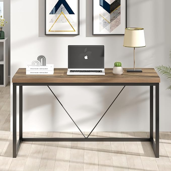 FOLUBAN Modern Computer Desk, Rustic Wood and Metal Writing Desk, Vintage PC Table for Home Office, Oak 55 inch - LeafyLoom
