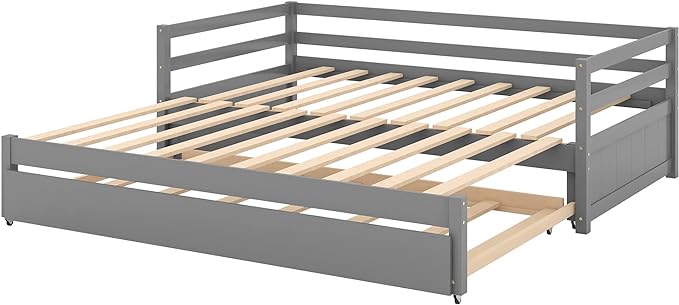 Wooden Extendable Daybed, Twin to King Daybed Frame with Trundle, Extending Sofa Bed for Living Room Bedroom Guest Room, Gray - LeafyLoom