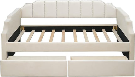 Twin Size Velvet Upholstered Daybed with Drawers, Solid Wood Sofa Bed w/Vertical Stripes Designed Backrest and Pine Legs, for Living Room, Bedroom, Dorm, No Box Spring Needed, Beige - LeafyLoom