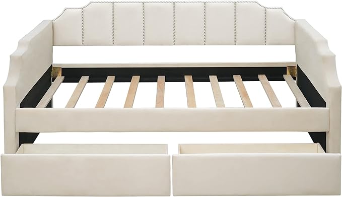 Twin Size Velvet Upholstered Daybed with Drawers, Solid Wood Sofa Bed w/Vertical Stripes Designed Backrest and Pine Legs, for Living Room, Bedroom, Dorm, No Box Spring Needed, Beige - LeafyLoom