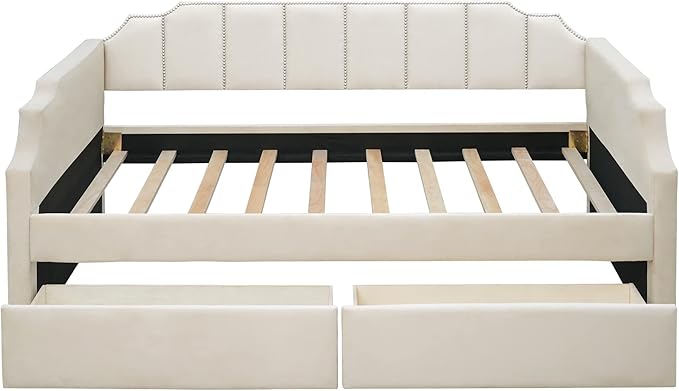 Twin Size Velvet Upholstered Daybed with Drawers, Solid Wood Bed w/Vertical Stripes Designed Backrest and Pine Legs, for Living Room, Bedroom, Dorm, No Box Spring Needed - LeafyLoom