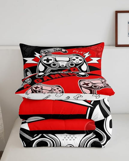 Erosebridal Gamer Comforter Sets for Boys Full Size,Gaming Bedding Sets for Boys Kids Teens Gamepad Gaming Comforter Set Game Room Decor,Red Black 3Pcs - LeafyLoom