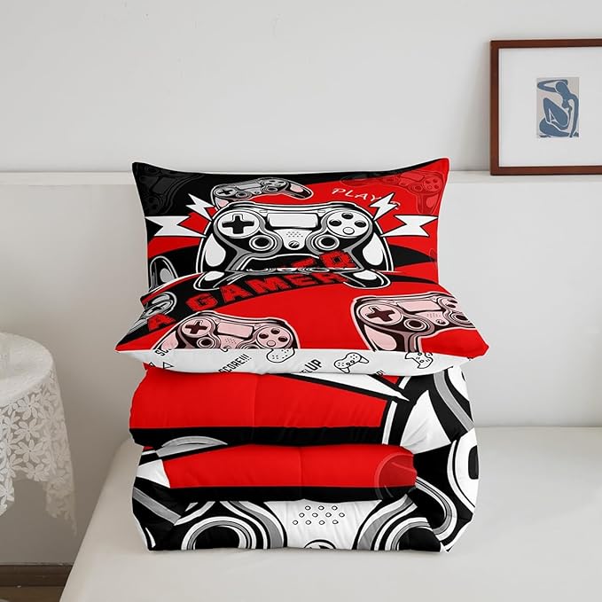 Erosebridal Twin Comforter Set for Boys Girls Kids,Gamer Comforter Sets for Boys Teens Video Game Bedding Set,Gaming Console Comforter Bedroom Decor Red Black 2Pcs - LeafyLoom