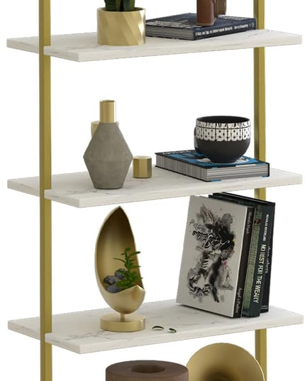 aboxoo Ladder Shelf White Marble Bookshelf 5-Tier Wall-Mounted Wood Rack Industrial Modern Plant Flower Stand Utility Organizer Open Bookcase Metal Frame Furniture Office Kitchen Bedroom - LeafyLoom