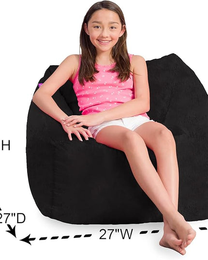 Posh Creations Structured Comfy Bean Bag Chair for Gaming, Reading, and Watching TV, Coronado Chair, Rabbit Fur - Black - LeafyLoom