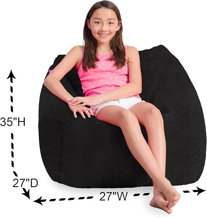 Posh Creations Structured Comfy Bean Bag Chair for Gaming, Reading, and Watching TV, Coronado Chair, Rabbit Fur - Black - LeafyLoom