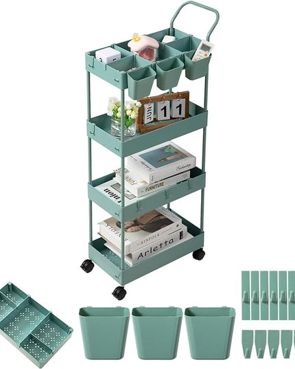danpinera Slim Storage Cart on Wheels, 4 Tier Narrow Laundry Cart with Hooks Hanging Cups Dividers Mobile Rolling Lash Cart with Handle for Bathroom Small Spaces, Green - LeafyLoom