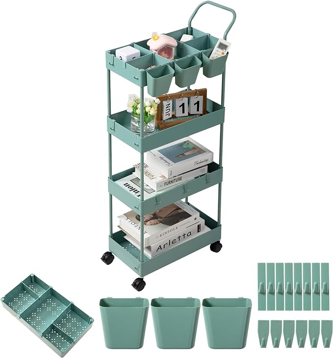 danpinera Slim Storage Cart on Wheels, 4 Tier Narrow Laundry Cart with Hooks Hanging Cups Dividers Mobile Rolling Lash Cart with Handle for Bathroom Small Spaces, Green - LeafyLoom