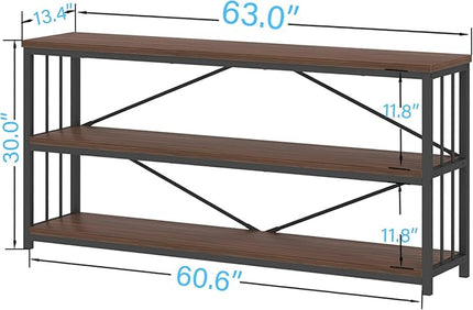 IBF Walnut Low Wide Bookcase, Vintage 63 Inch Long 3 Tier Open Book Shelf, Farmhouse Big Wood Metal sturdy Bookshelf Display Case, Simple Large Etagere Bookshelves for Home Living Room Office Bedroom - LeafyLoom
